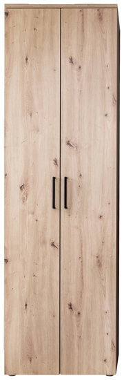 Garderobenschrank aus Holz mit zwei Türen und schwarzen Griffen, Frontalansicht