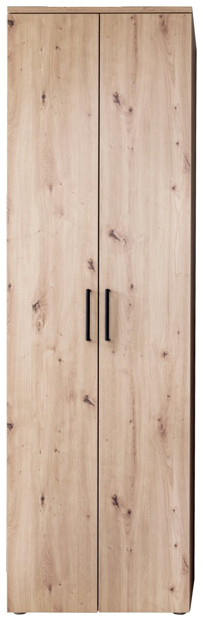 Garderobenschrank aus Holz mit zwei Türen und schwarzen Griffen, Frontalansicht