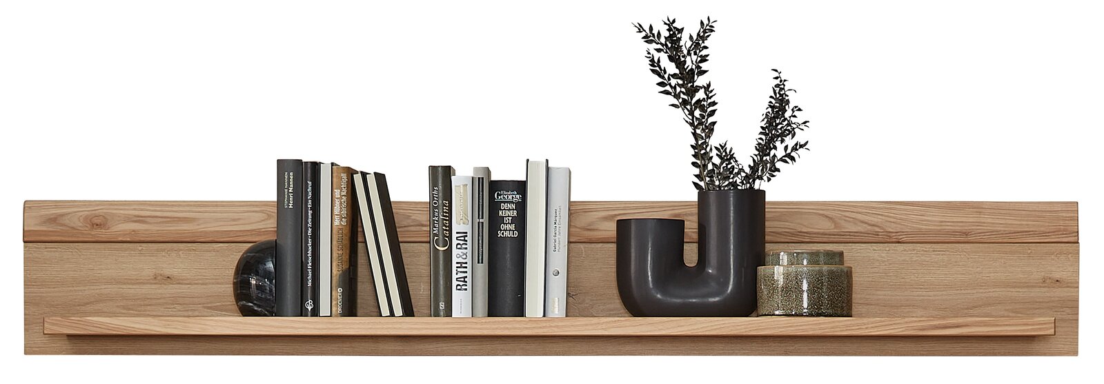 Wandboard aus Holz mit Büchern und Dekoration, frontale Ansicht