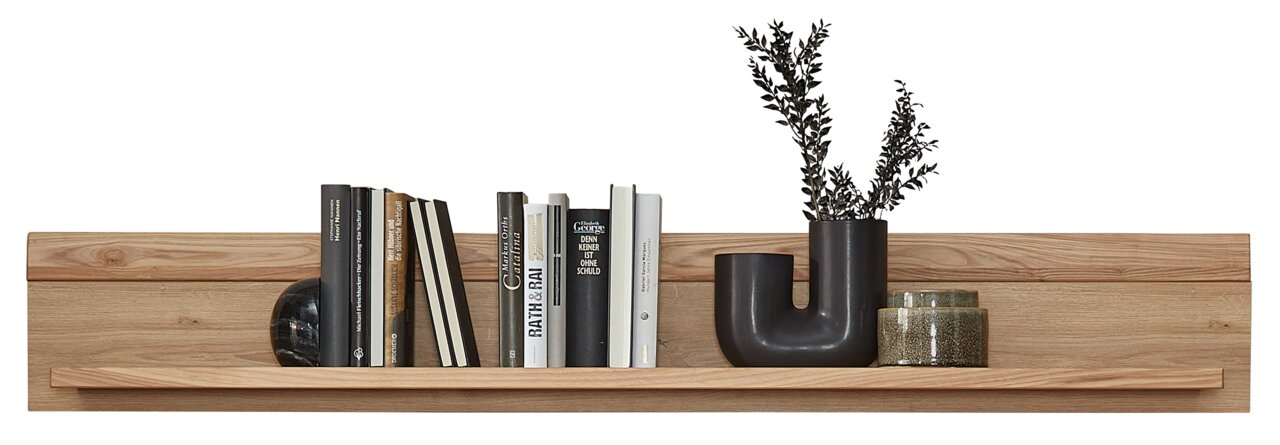 Wandboard aus Holz mit Büchern und Dekoration, frontale Ansicht