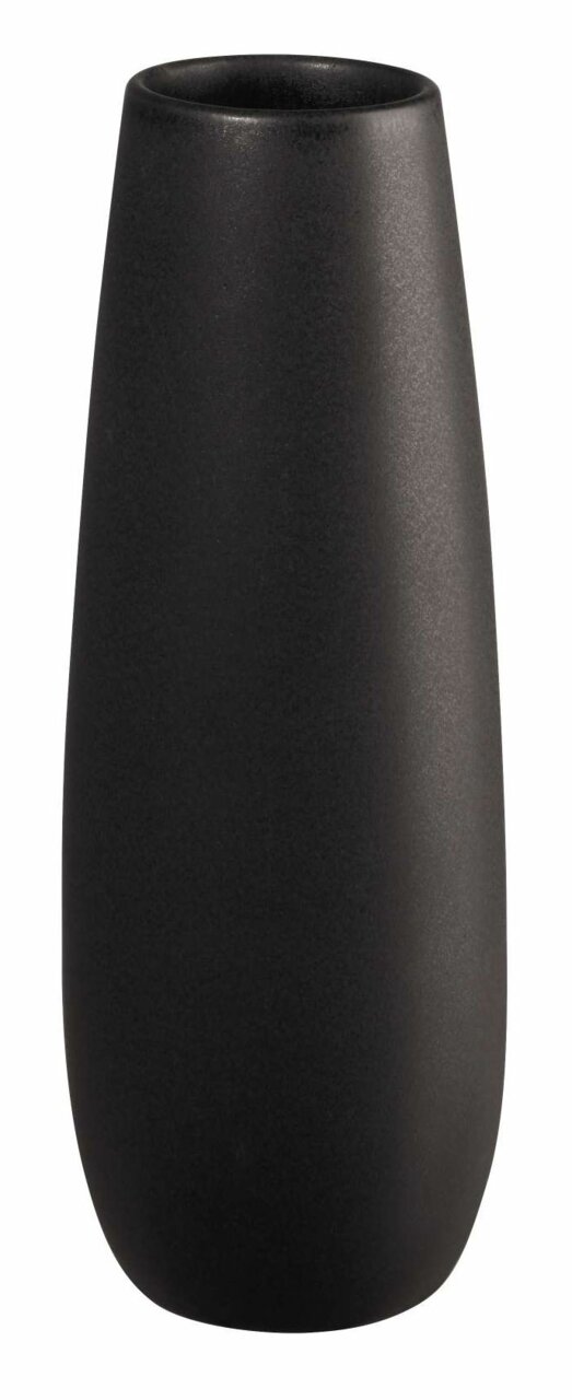 Schwarze Eisen-Vase in zylindrischer Form, seitliche Perspektive