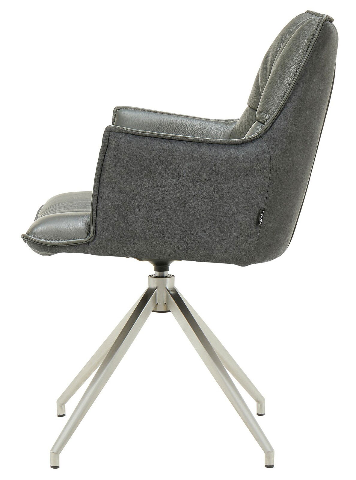 Moderner grauer Sessel mit Metallgestell, Seitenansicht