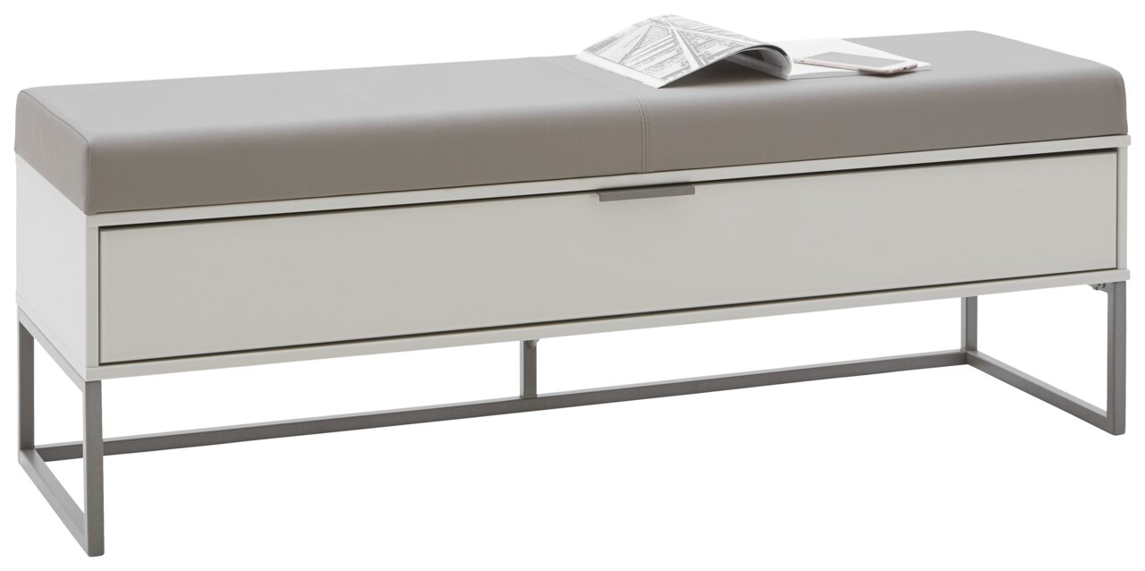 Moderne kaptafel met grijze bekleding en wit frame, zijaanzicht
