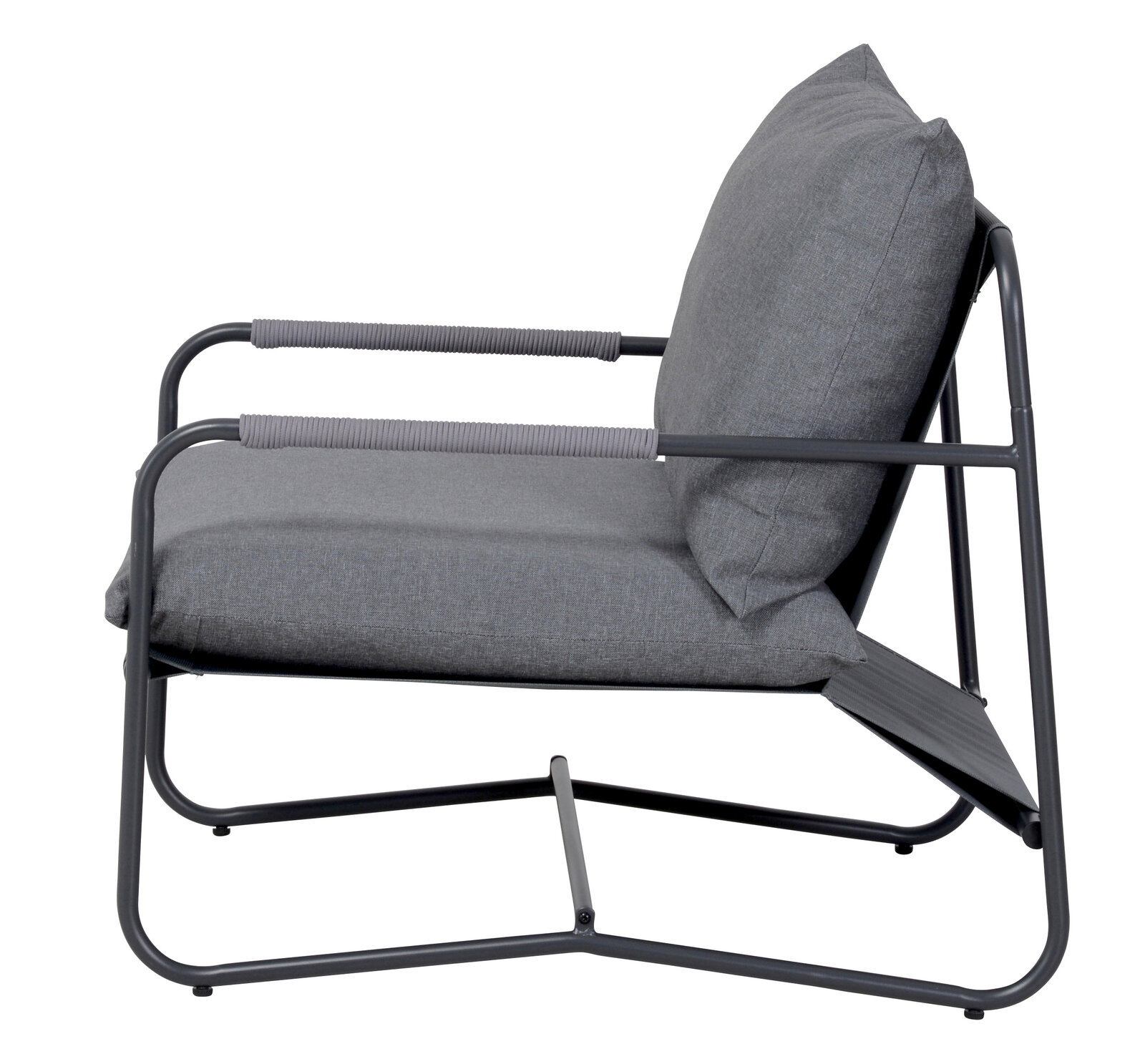Seitenansicht eines modernen grauen Lounge-Sessels mit Metallrahmen und gepolstertem Sitz.