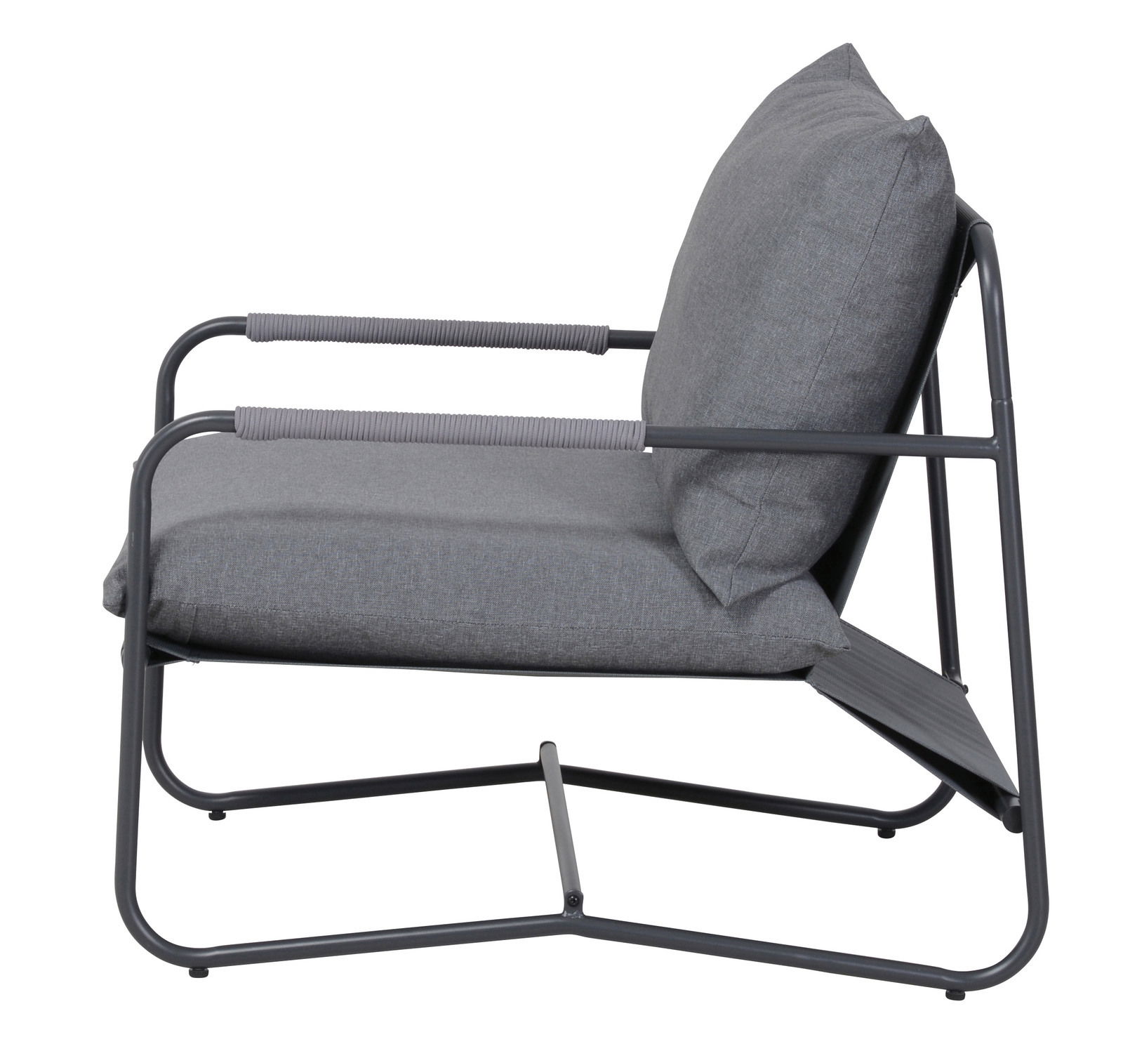 Seitenansicht eines modernen grauen Lounge-Sessels mit Metallrahmen und gepolstertem Sitz.