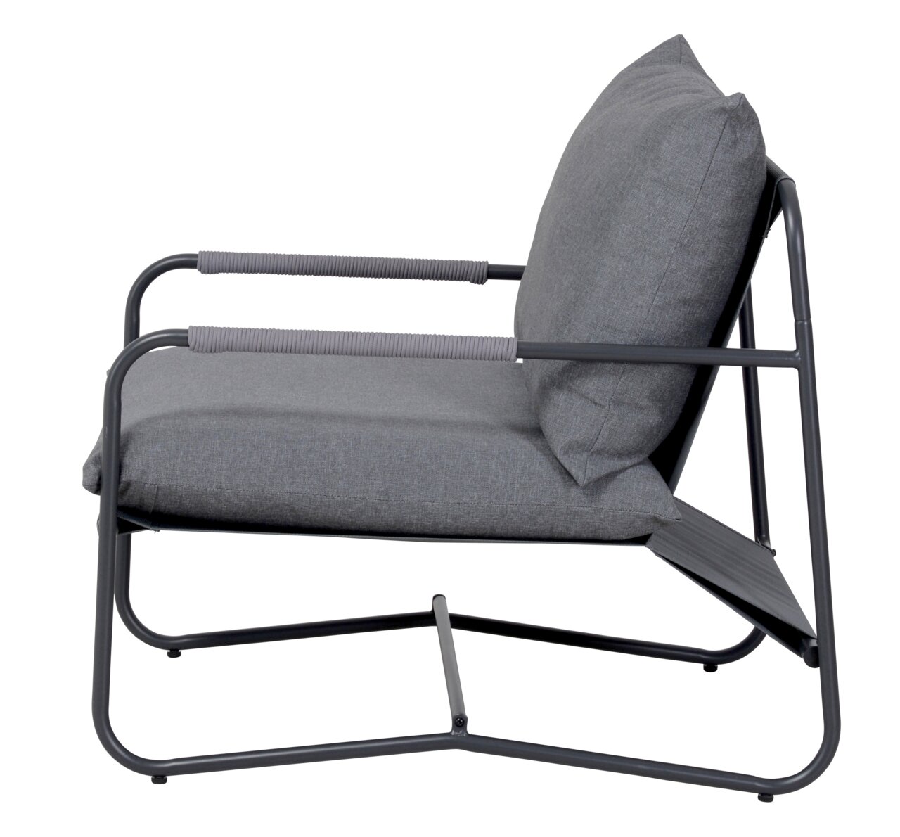 Seitenansicht eines modernen grauen Lounge-Sessels mit Metallrahmen und gepolstertem Sitz.