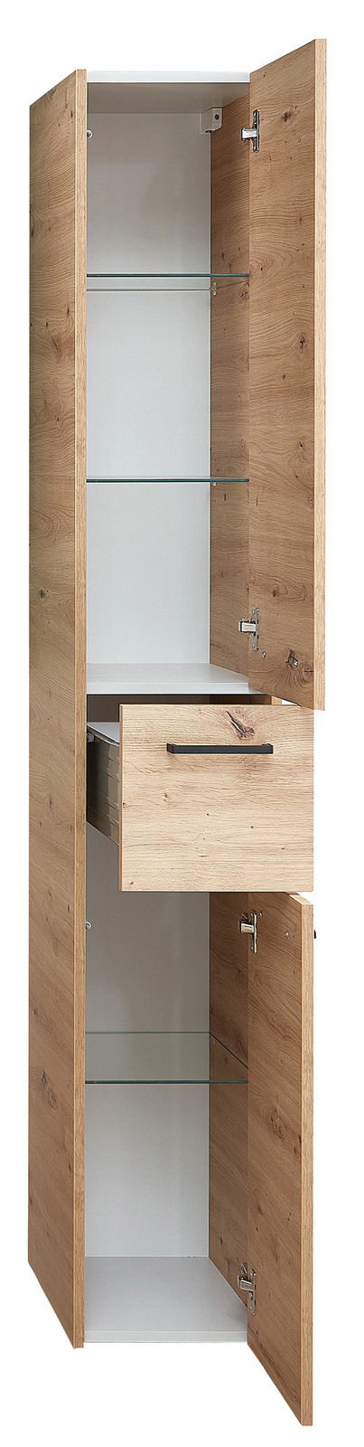 Hochschrank aus Holz mit offenen Türen und Schublade, Frontansicht