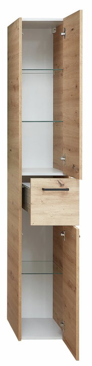 Hoge houten kast met open deuren en een lade, vooraanzicht