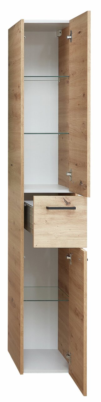 Hochschrank aus Holz mit offenen Türen und Schublade, Frontansicht