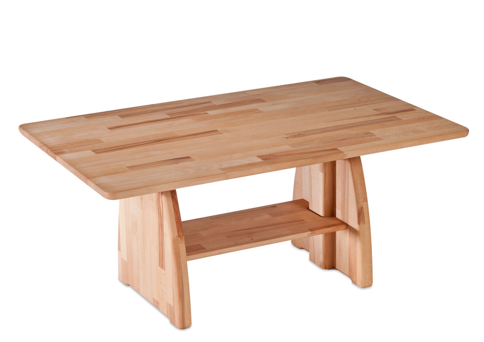 Rechteckiger Couchtisch aus hellem Holz mit abgerundeten Ecken und zusätzlicher Ablagefläche, seitliche Perspektive