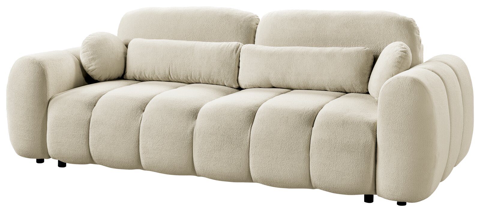 Beiges, stark gepolstertes 3-Sitzer-Sofa mit Bouclé-Bezug, abgerundeten Armlehnen und zylindrischen Kissen, freigestellt auf weißem Hintergrund, Ansicht schräg von vorne.