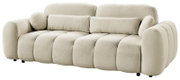 Beiges, stark gepolstertes 3-Sitzer-Sofa mit Bouclé-Bezug, abgerundeten Armlehnen und zylindrischen Kissen, freigestellt auf weißem Hintergrund, Ansicht schräg von vorne.