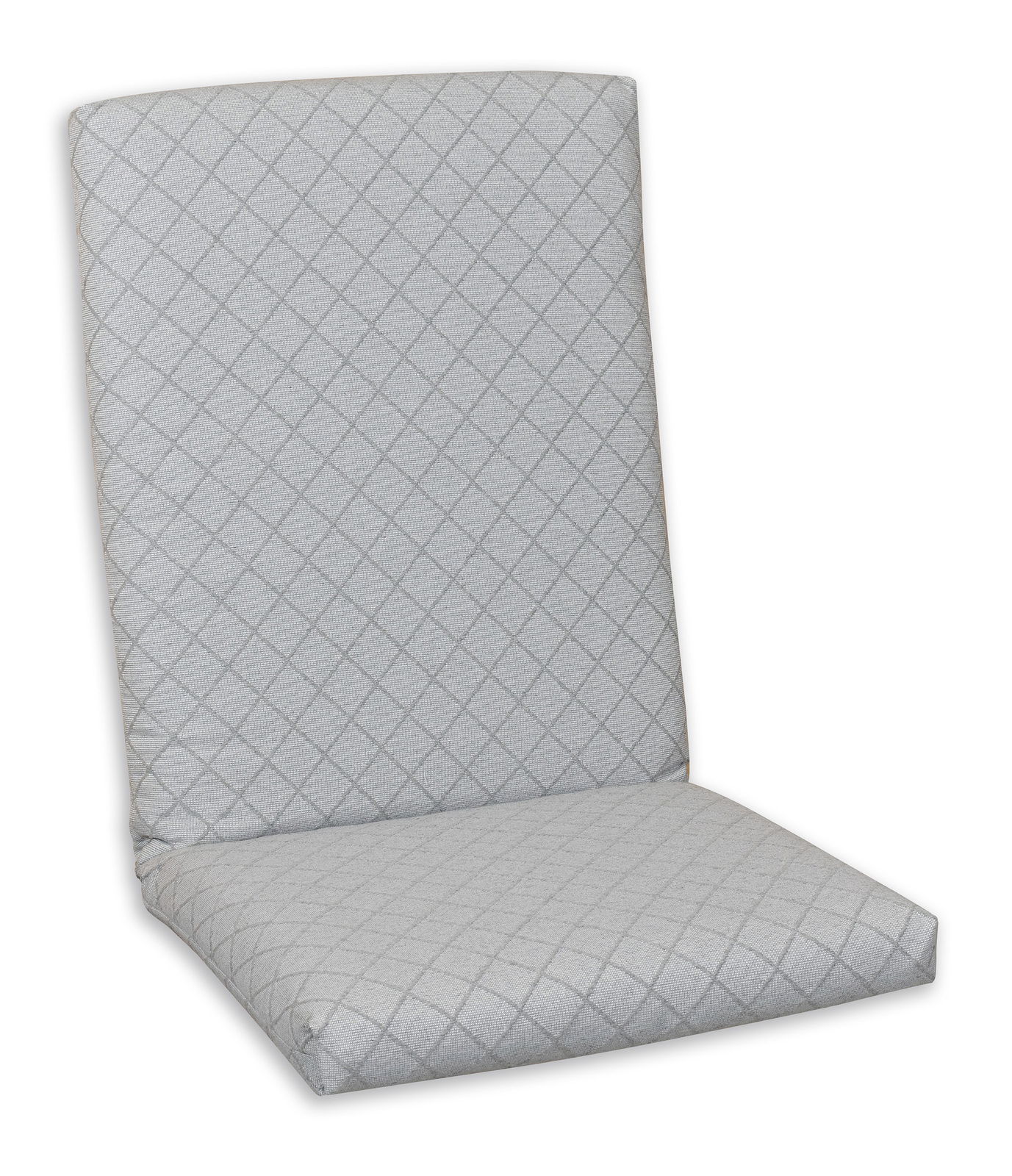 Graue Mittellehnerauflage mit Rautenmuster, seitliche Perspektive