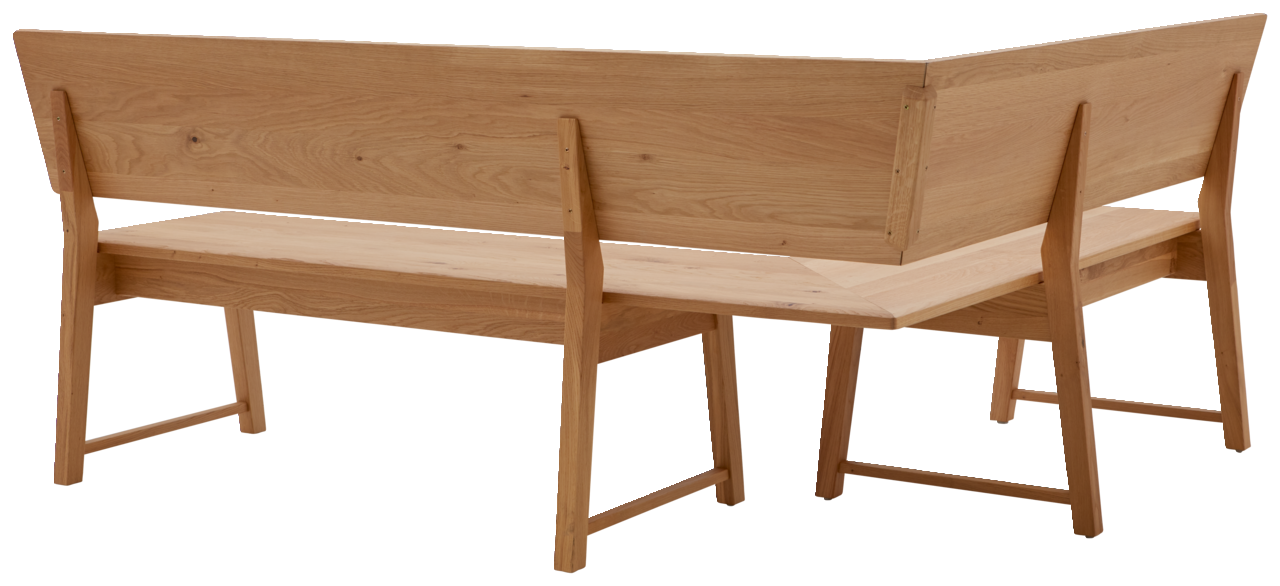 Rückansicht einer Eckbank aus Holz mit klaren Linien und natürlicher Holzmaserung.