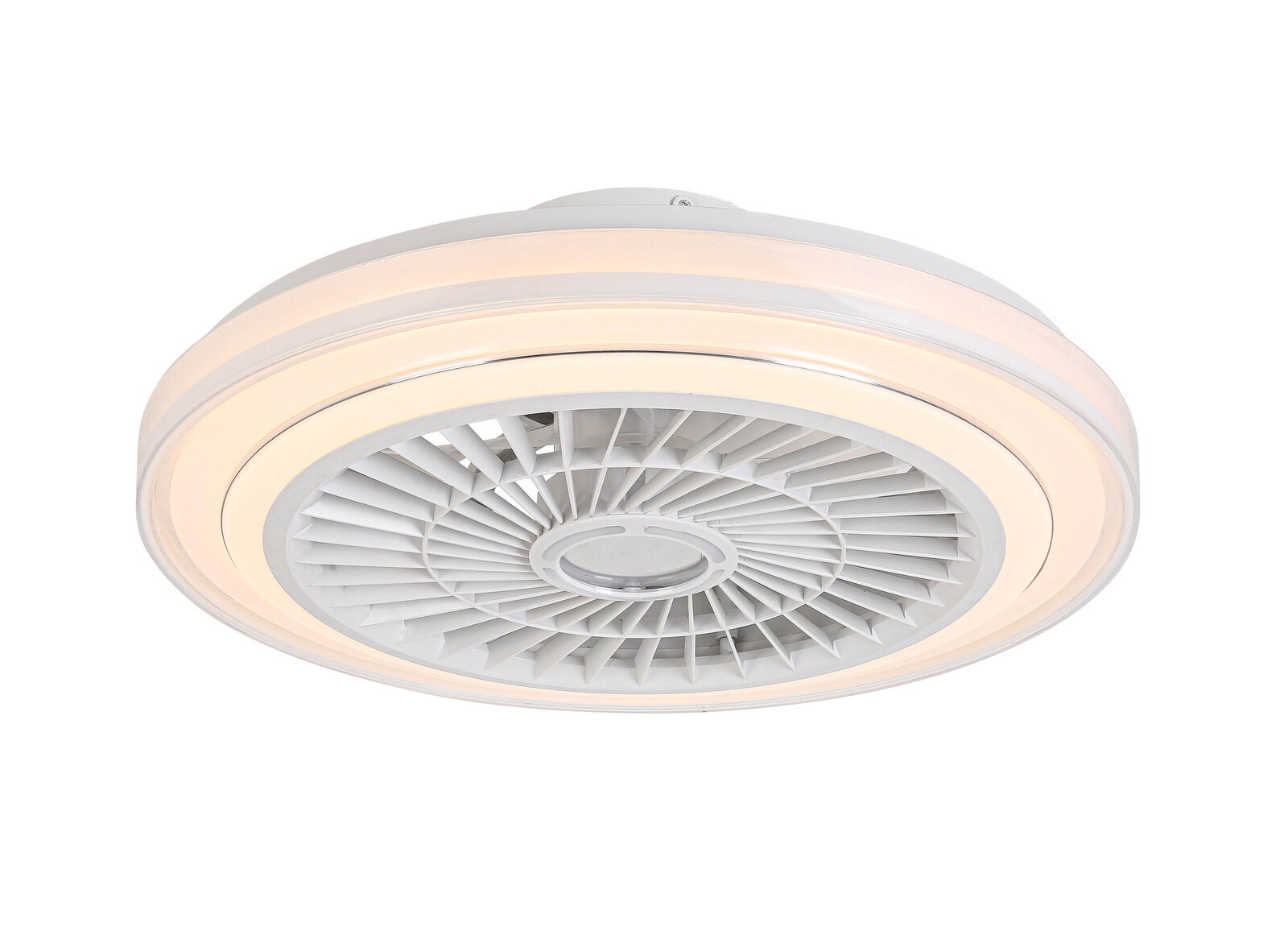 Moderner Deckenventilator mit integriertem LED-Licht, seitliche Perspektive