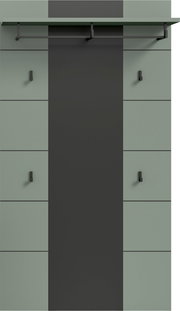Moderne Garderobenwand mit mintgrünen Paneelen, dunkelgrauer Mittelblende, schwarzer Kleiderstange und mehreren Haken, frontal von vorn aufgenommen