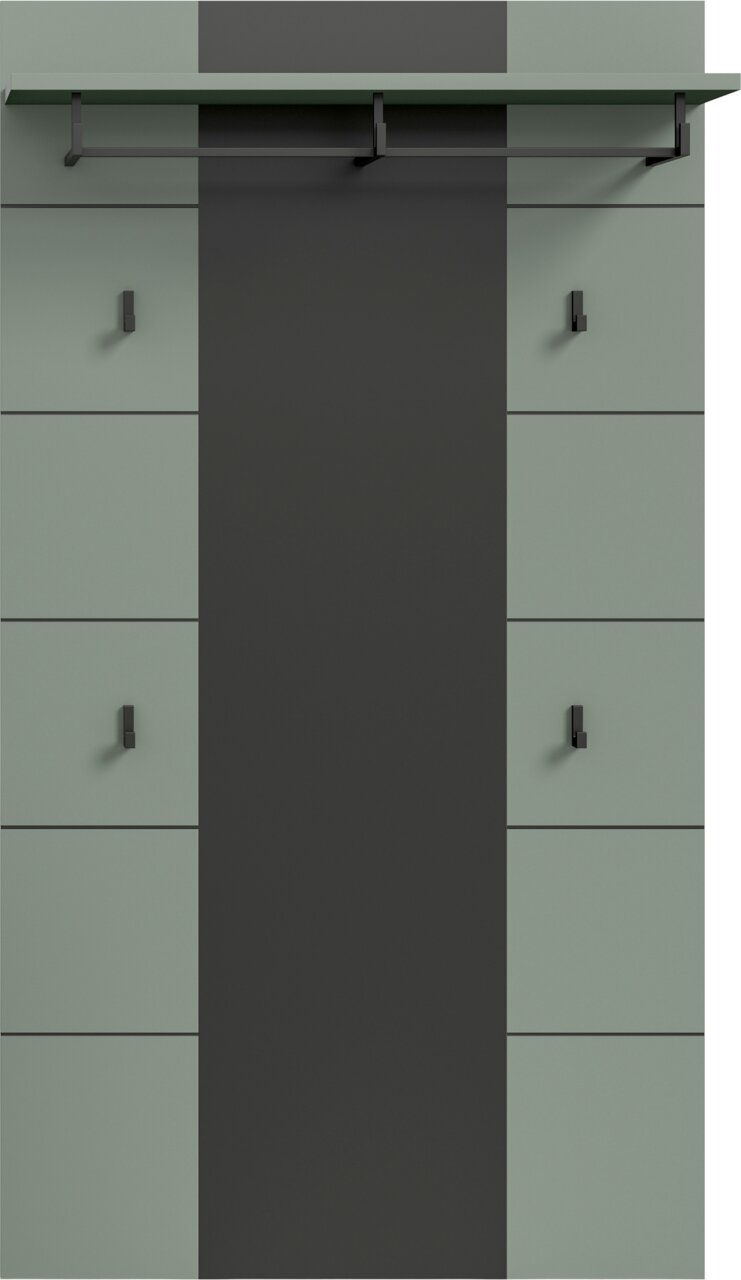 Moderne Garderobenwand mit mintgrünen Paneelen, dunkelgrauer Mittelblende, schwarzer Kleiderstange und mehreren Haken, frontal von vorn aufgenommen