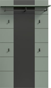 Moderne Garderobenwand mit mintgrünen Paneelen, dunkelgrauer Mittelblende, schwarzer Kleiderstange und mehreren Haken, frontal von vorn aufgenommen