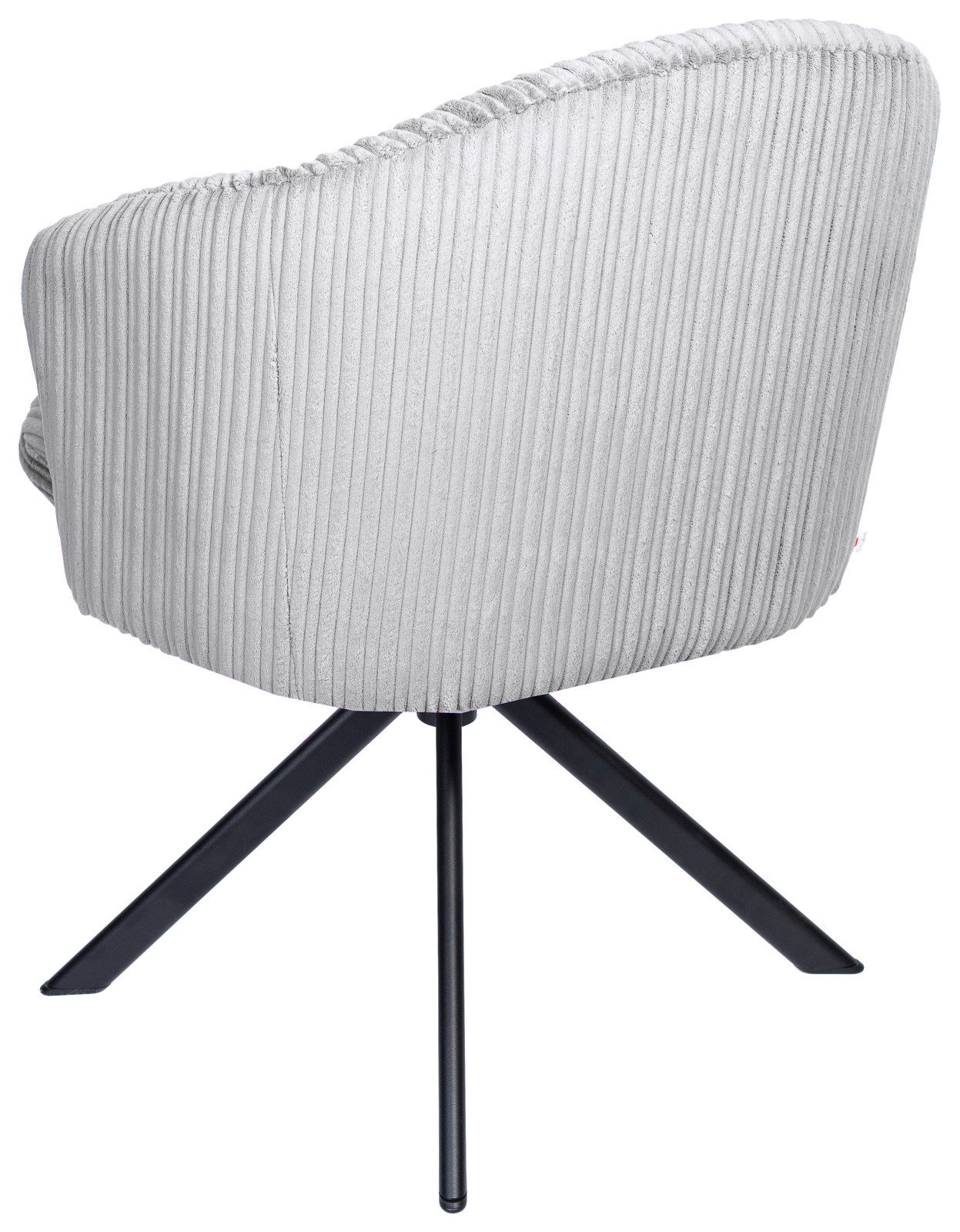 Rückansicht eines modernen Armlehnstuhls mit grauem, geripptem Stoffbezug und schwarzem Metallgestell.