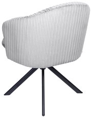 Rückansicht eines modernen Armlehnstuhls mit grauem, geripptem Stoffbezug und schwarzem Metallgestell.