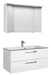 Moderner weißer Badblock mit Spiegelschrank und Waschbecken, Frontalansicht