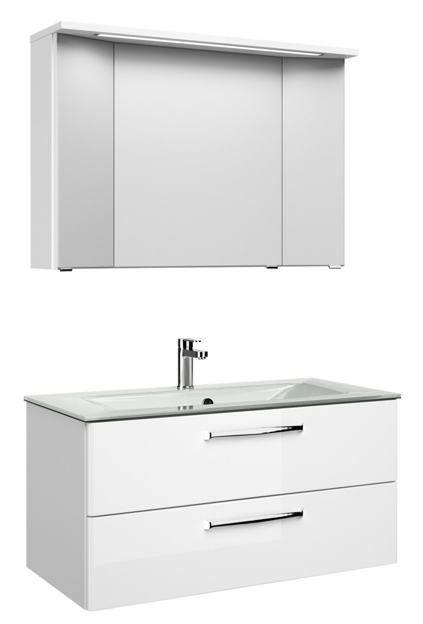 Moderner weißer Badblock mit Spiegelschrank und Waschbecken, Frontalansicht