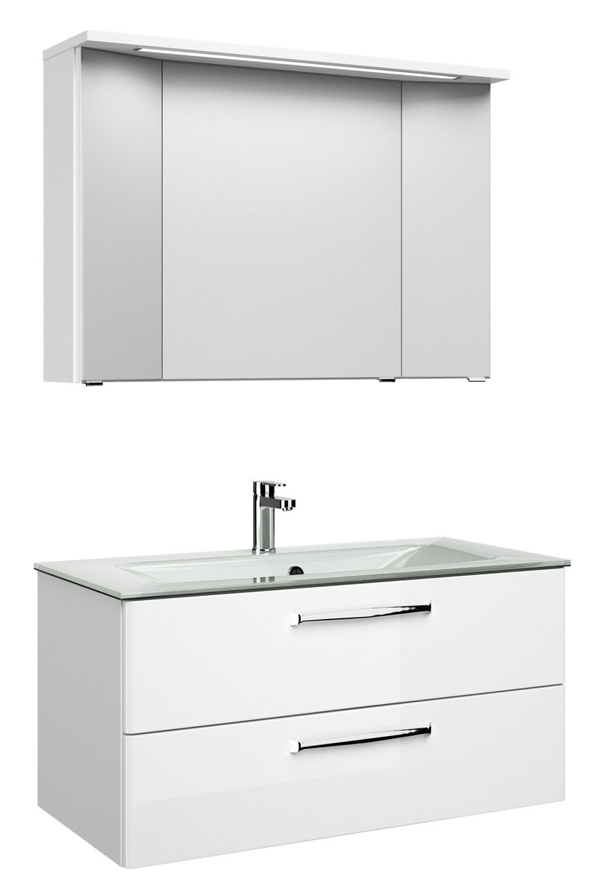 Moderner weißer Badblock mit Spiegelschrank und Waschbecken, Frontalansicht