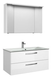 Moderner weißer Badblock mit Spiegelschrank und Waschbecken, Frontalansicht