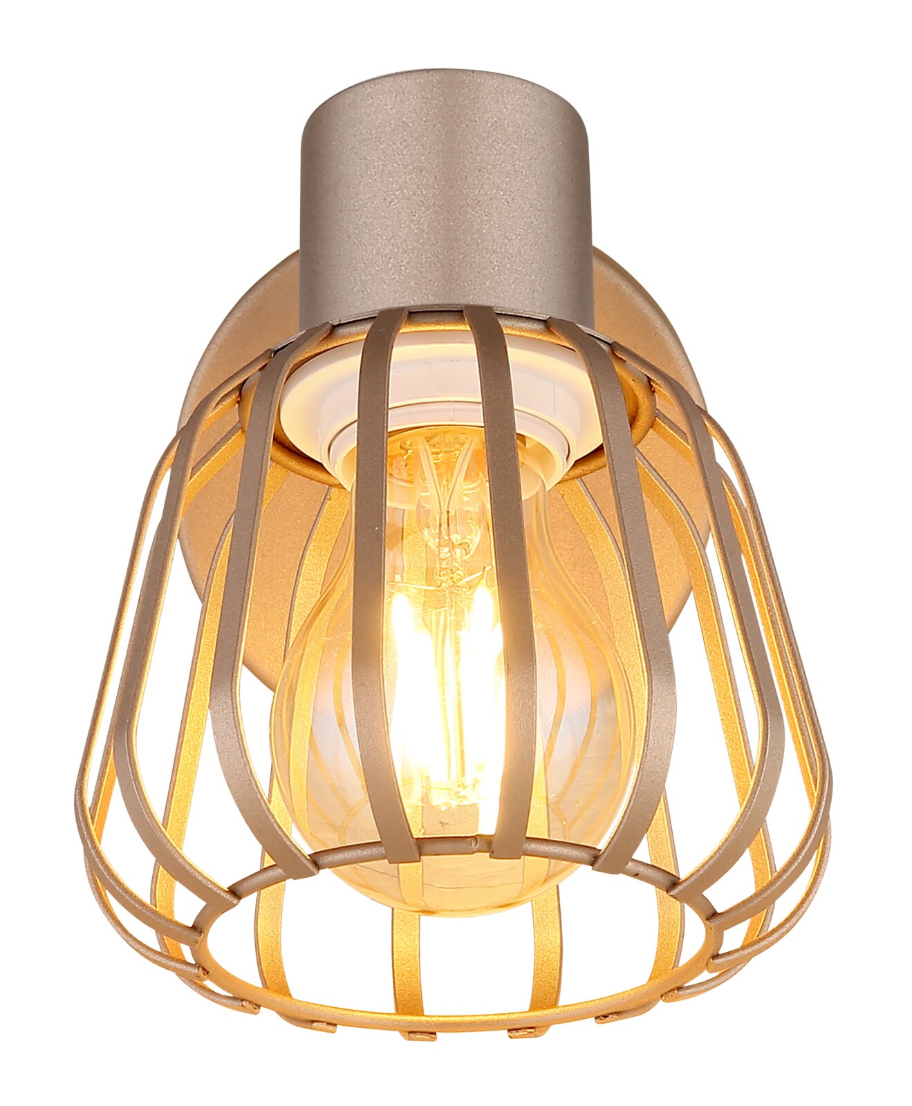Nahaufnahme einer Deckenleuchte im Industrial-Design mit goldfarbenem Metallkäfig und sichtbarem warm leuchtendem Filament-Leuchtmittel, Ansicht von unten leicht frontal vor weißem Hintergrund