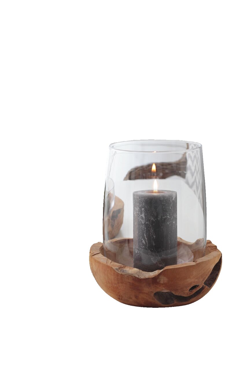 Windlicht mit Teakholz-Basis und Glasaufsatz, frontal fotografiert, mit brennender Kerze im Inneren.