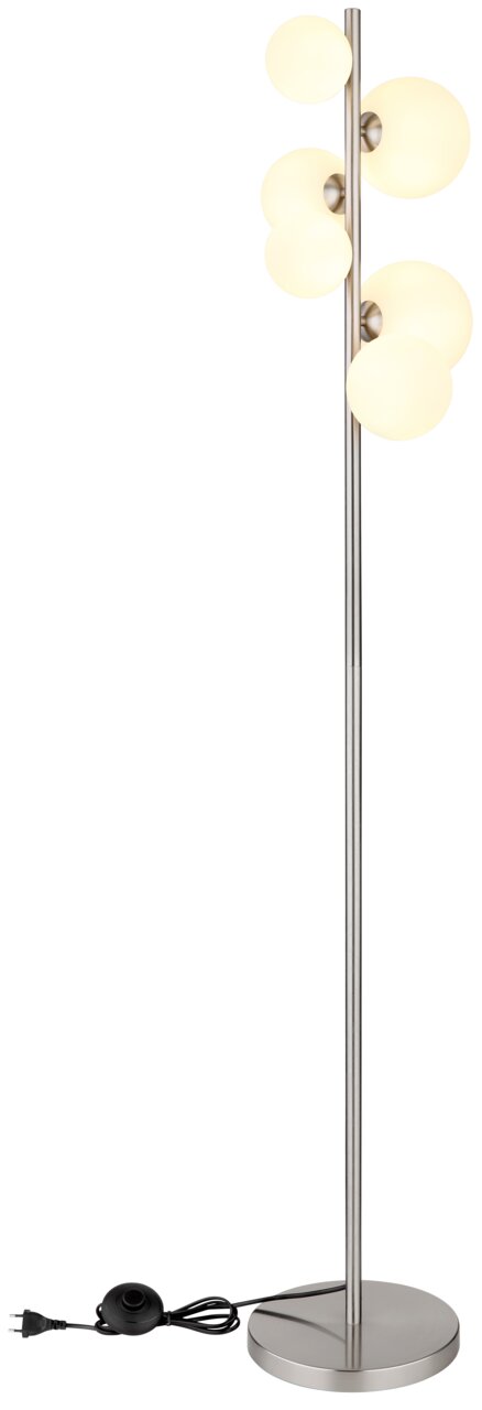 Moderne Stehleuchte mit sechs kugelförmigen Lampenschirmen, seitliche Perspektive