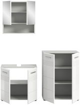 Badezimmermöbel-Set bestehend aus einem Spiegelschrank, einem Waschbeckenunterschrank und einem Hochschrank, alle in weißem Hochglanzdesign, frontal abgebildet.