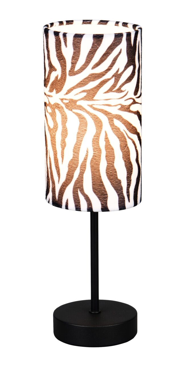 Zylindrische Tischleuchte mit Zebramuster, schwarze Basis, seitliche Perspektive
