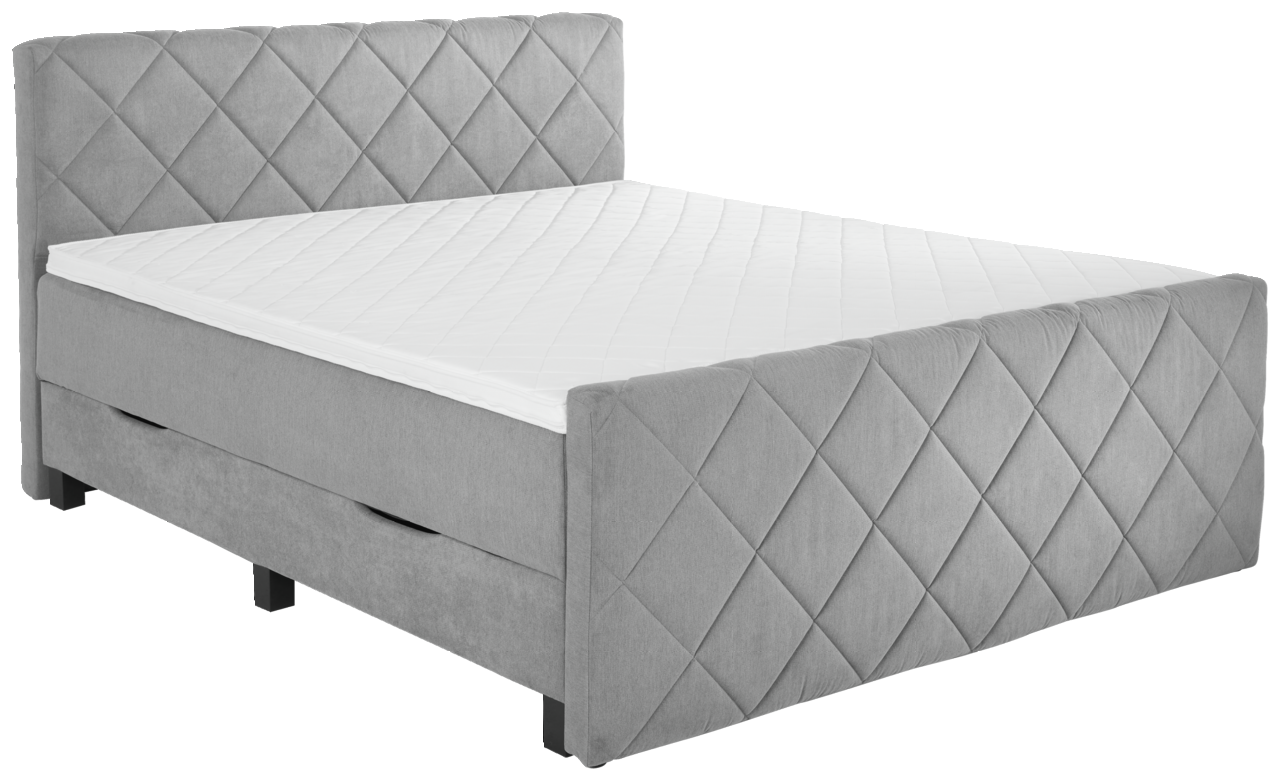 Graues Boxspringbett BX2200 CHESTER mit gestepptem Kopf- und Fußteil, seitliche Perspektive