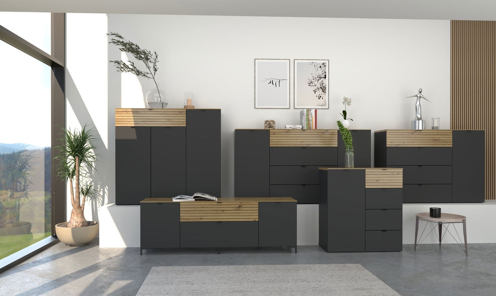 Moderne Garderobenmöbel in Graphit mit Holzdetails, seitliche Perspektive