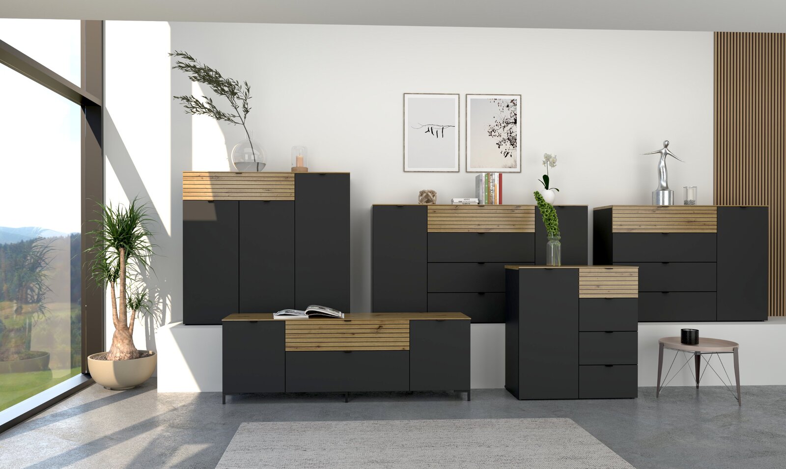 Voleo Kommode DIANA Moderne Garderobenmöbel in Graphit mit Holzdetails, seitliche Perspektive