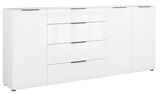 Weißes XXL-Sideboard mit mehreren Schubladen und Türen, frontal betrachtet.