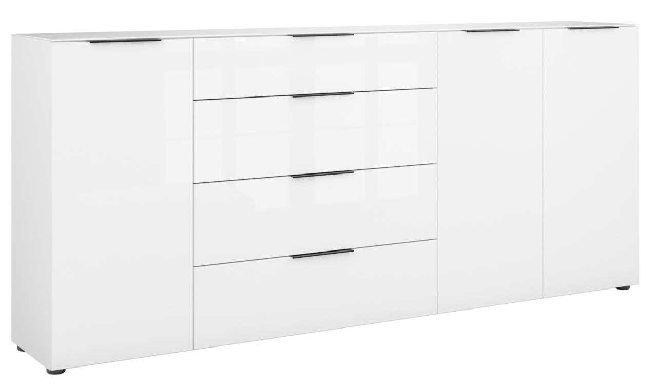 Novel XXL-Sideboard STYLE Weißes XXL-Sideboard mit mehreren Schubladen und Türen, frontal betrachtet.