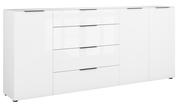 Weißes XXL-Sideboard mit mehreren Schubladen und Türen, frontal betrachtet.