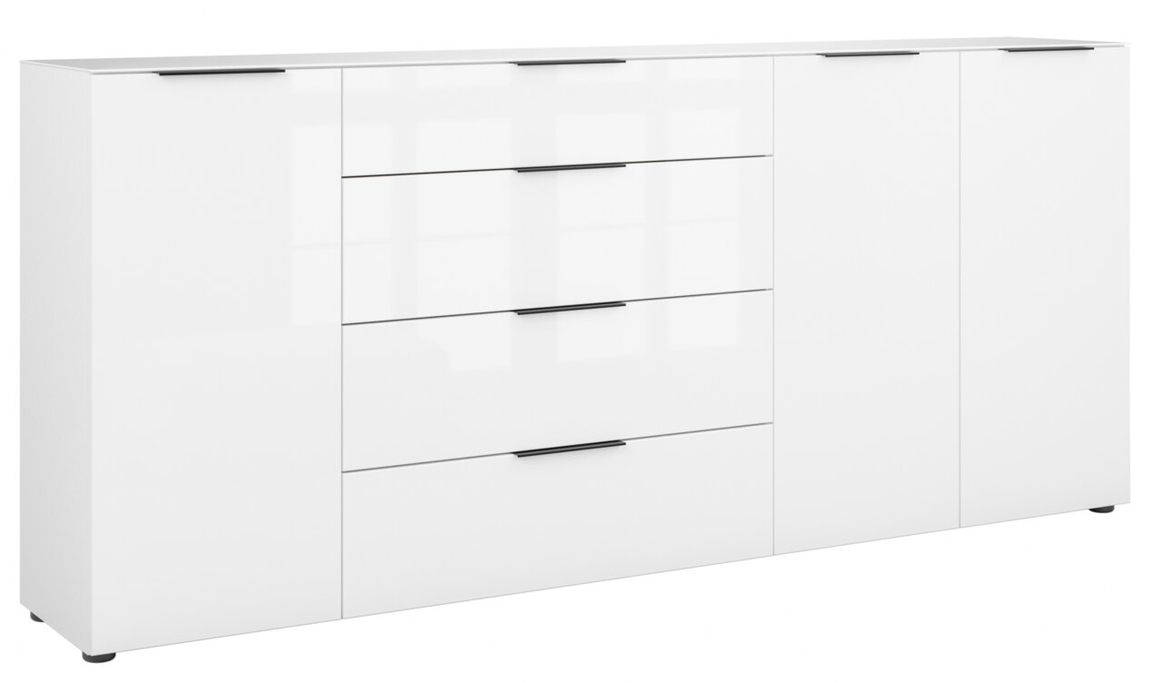 Weißes XXL-Sideboard mit mehreren Schubladen und Türen, frontal betrachtet.