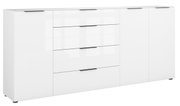 Weißes XXL-Sideboard mit mehreren Schubladen und Türen, frontal betrachtet.