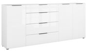 Weißes XXL-Sideboard mit mehreren Schubladen und Türen, frontal betrachtet.