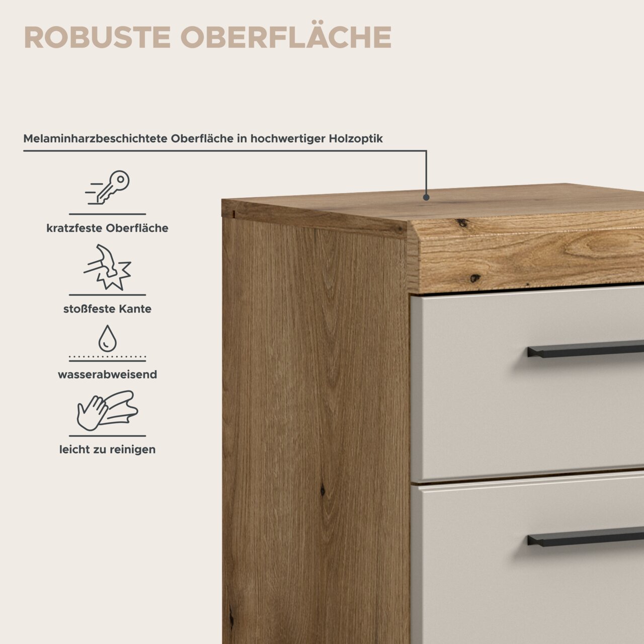 Detailansicht einer Kommode/Schubladenschrank mit Holzoptik-Korpus und Holzplatte, weißen Schubladenfronten und schwarzen Griffen; melaminharzbeschichtete, robuste Oberfläche (kratzfest, stoßfeste Kante, wasserabweisend, leicht zu reinigen), Perspektive: 