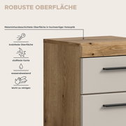 Detailansicht einer Kommode/Schubladenschrank mit Holzoptik-Korpus und Holzplatte, weißen Schubladenfronten und schwarzen Griffen; melaminharzbeschichtete, robuste Oberfläche (kratzfest, stoßfeste Kante, wasserabweisend, leicht zu reinigen), Perspektive: 
