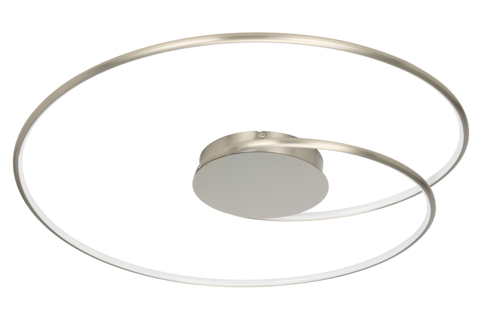 Moderne LED-Deckenleuchte mit geschwungenem, ringförmigem Design aus gebürstetem Metall, seitliche Perspektive.