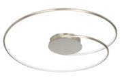 Moderne LED-Deckenleuchte mit geschwungenem, ringförmigem Design aus gebürstetem Metall, seitliche Perspektive.