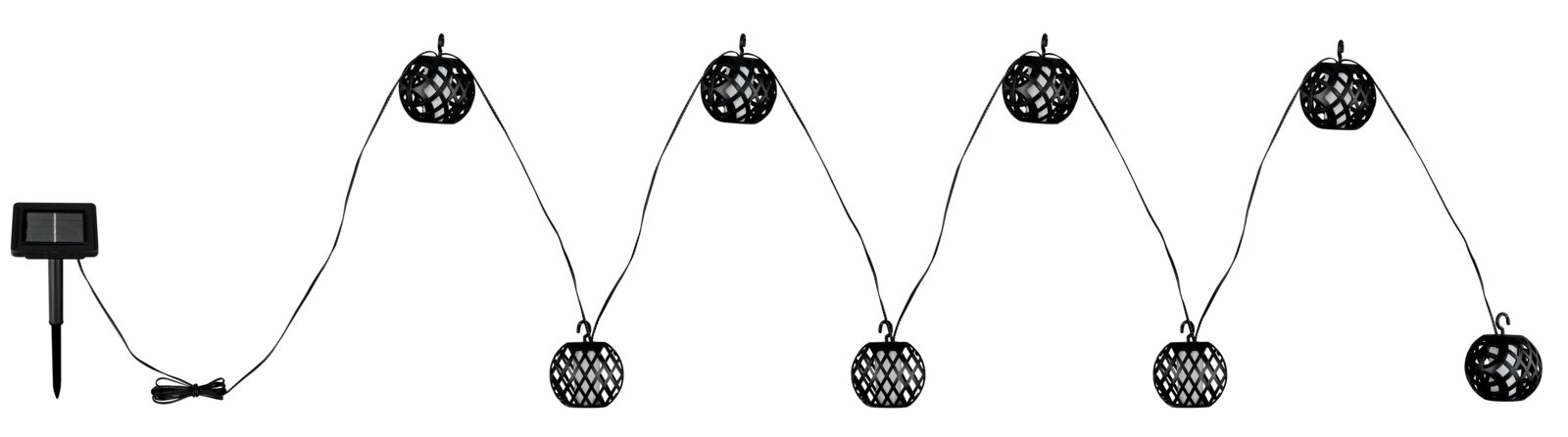 Solarbetriebene Lichterkette mit fünf kugelförmigen Lampen und Solarpanel, seitliche Perspektive.