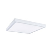 Weiße, quadratische LED-Deckenleuchte mit flachem Rahmen und opaler Abdeckung, in schräger Unteransicht vor weißem Hintergrund