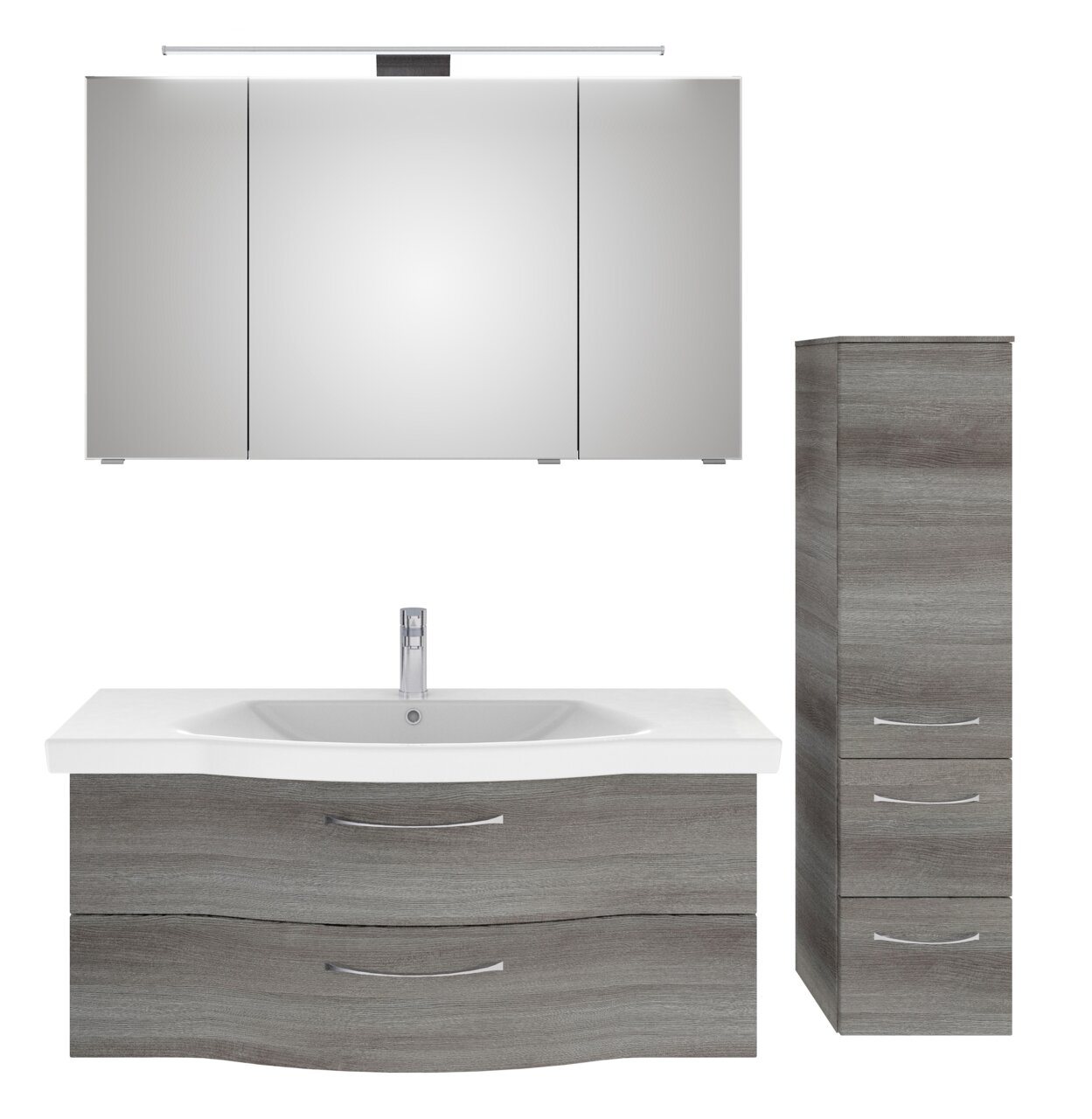 Badezimmermöbel-Set bestehend aus einem großen Spiegelschrank, einem Waschtisch mit Unterschrank und einem hohen Seitenschrank in moderner Holzoptik, frontal abgebildet.