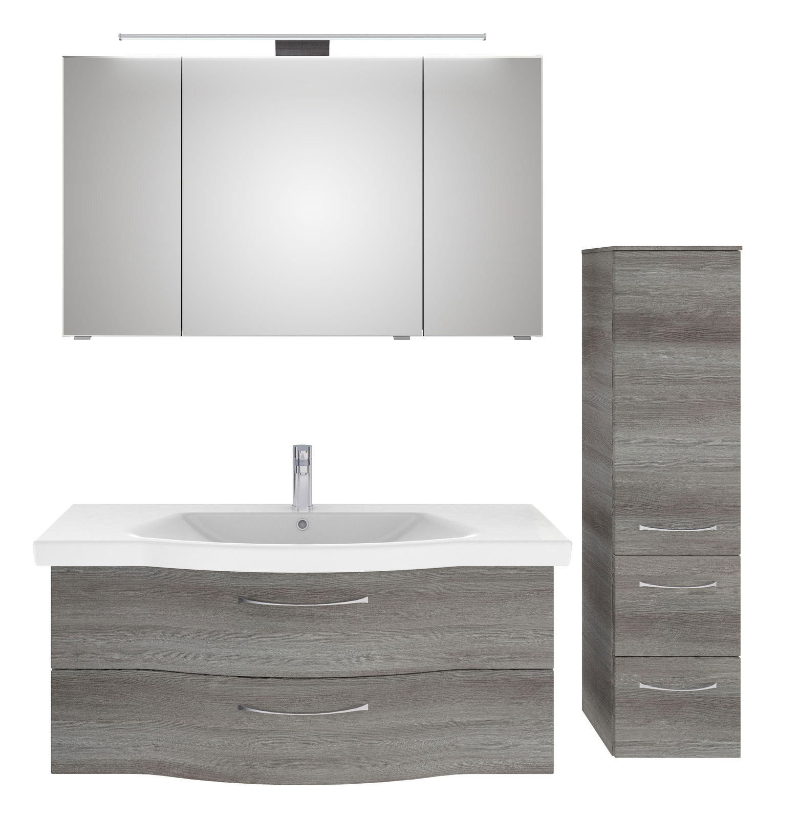 Badezimmermöbel-Set bestehend aus einem großen Spiegelschrank, einem Waschtisch mit Unterschrank und einem hohen Seitenschrank in moderner Holzoptik, frontal abgebildet.